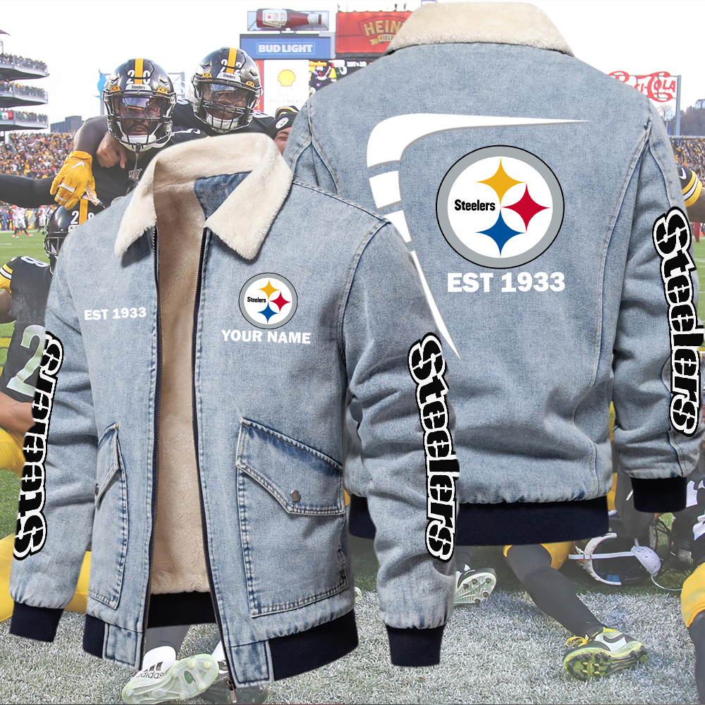 Steelers Fleece Denim Jacket Custom Name - Image 2