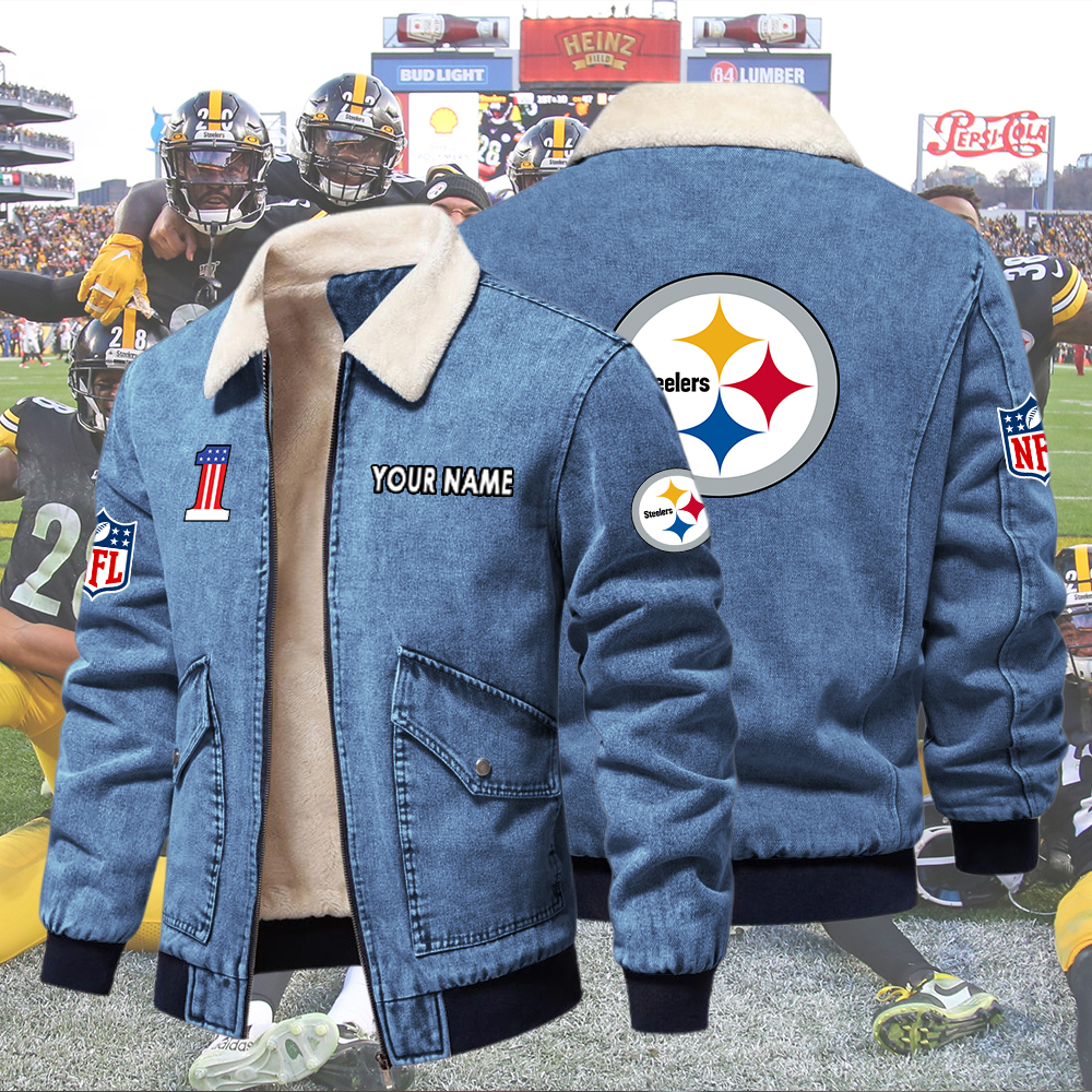 Steelers Fleece Denim Jacket Custom Name - Image 3