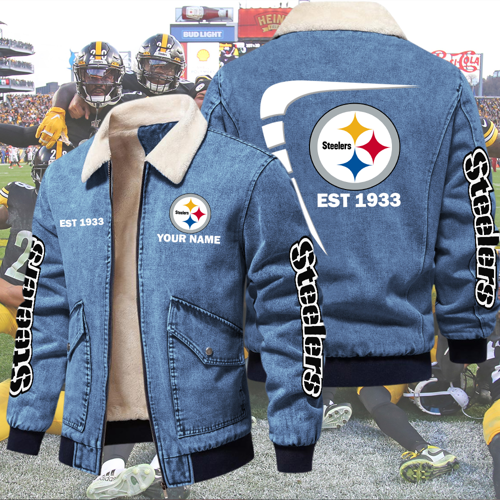 Steelers Fleece Denim Jacket Custom Name - Image 3