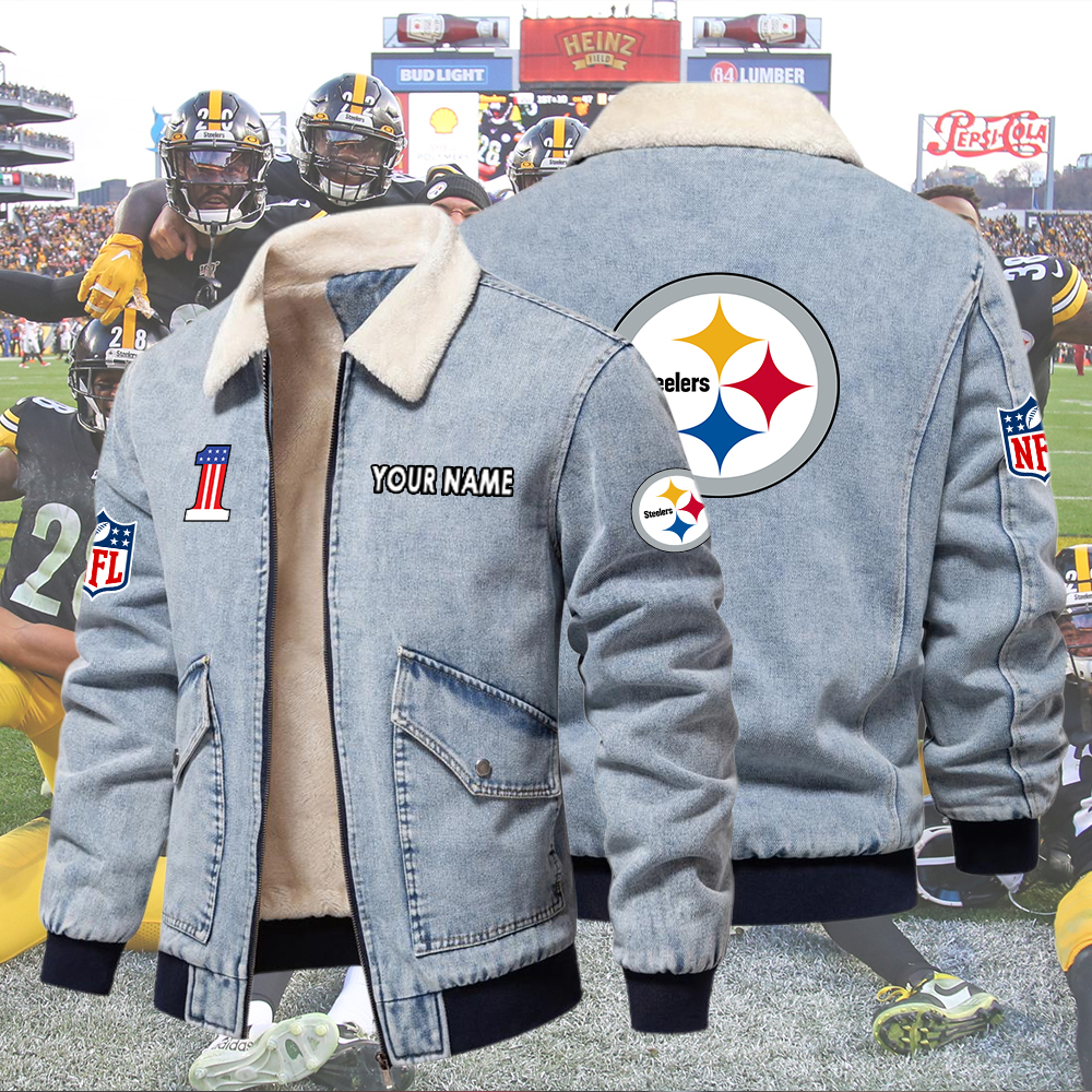 Steelers Fleece Denim Jacket Custom Name - Image 4