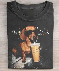 Funny Dachshund Drinking Iced Coffee T-Shirt