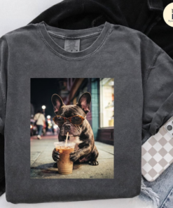 Funny French Bulldog Drinking Iced Coffee T-Shirt
