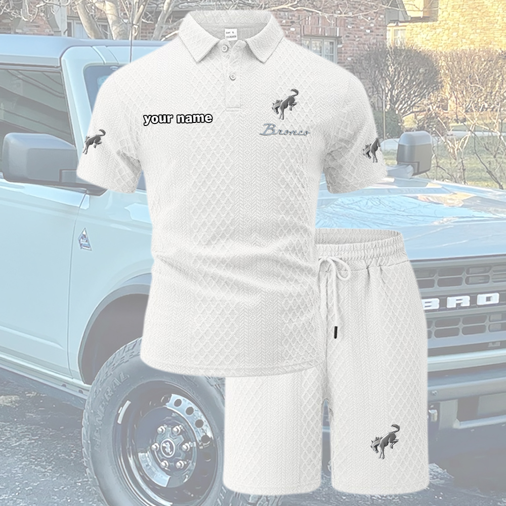 Bronco Tracksuit Men's Leisure 2-Piece Polo Shirt Short Sleeve Jacquard Custom Name - Image 2