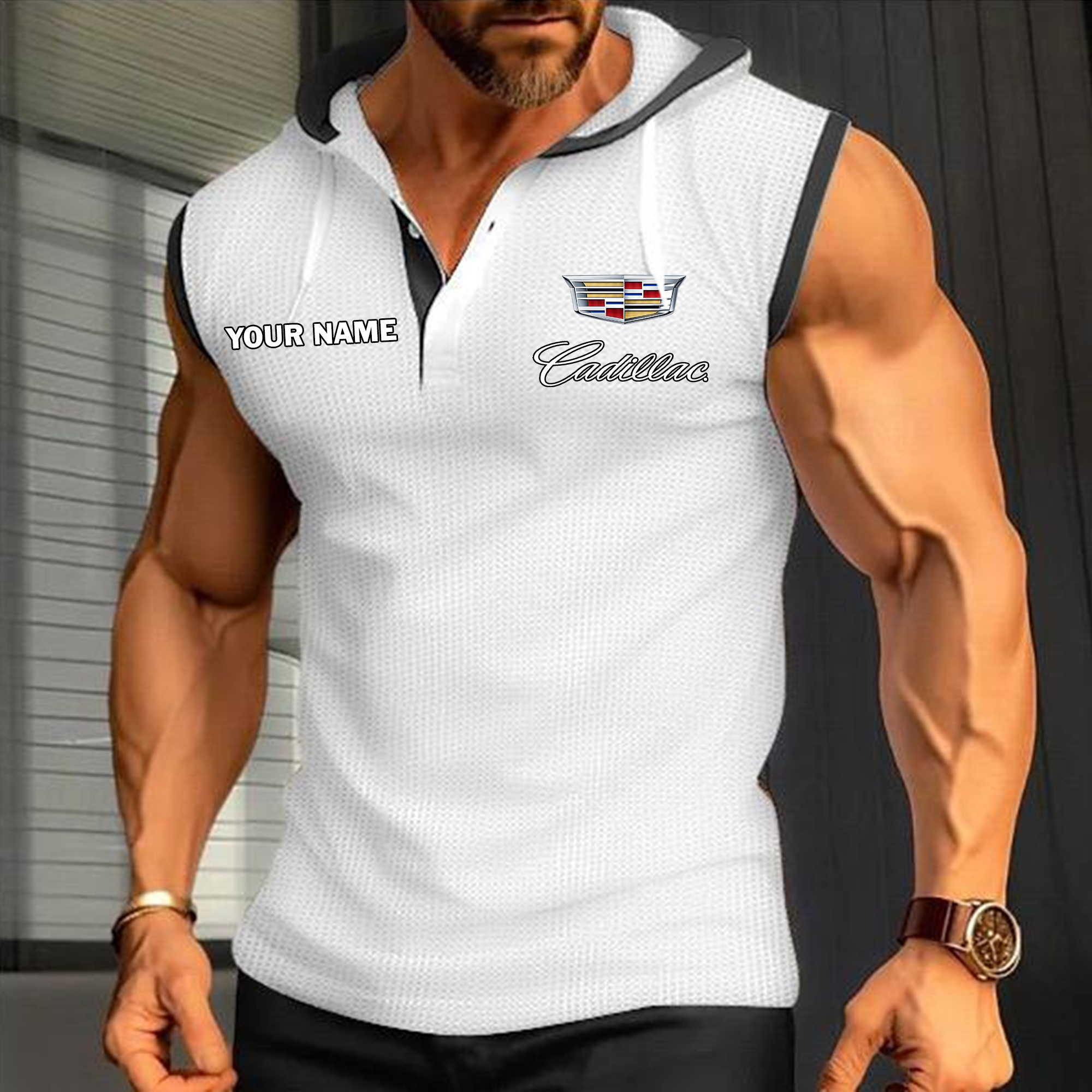 Cadillac Sleeveless Hooded Muscle Fit Custom Name - Image 3