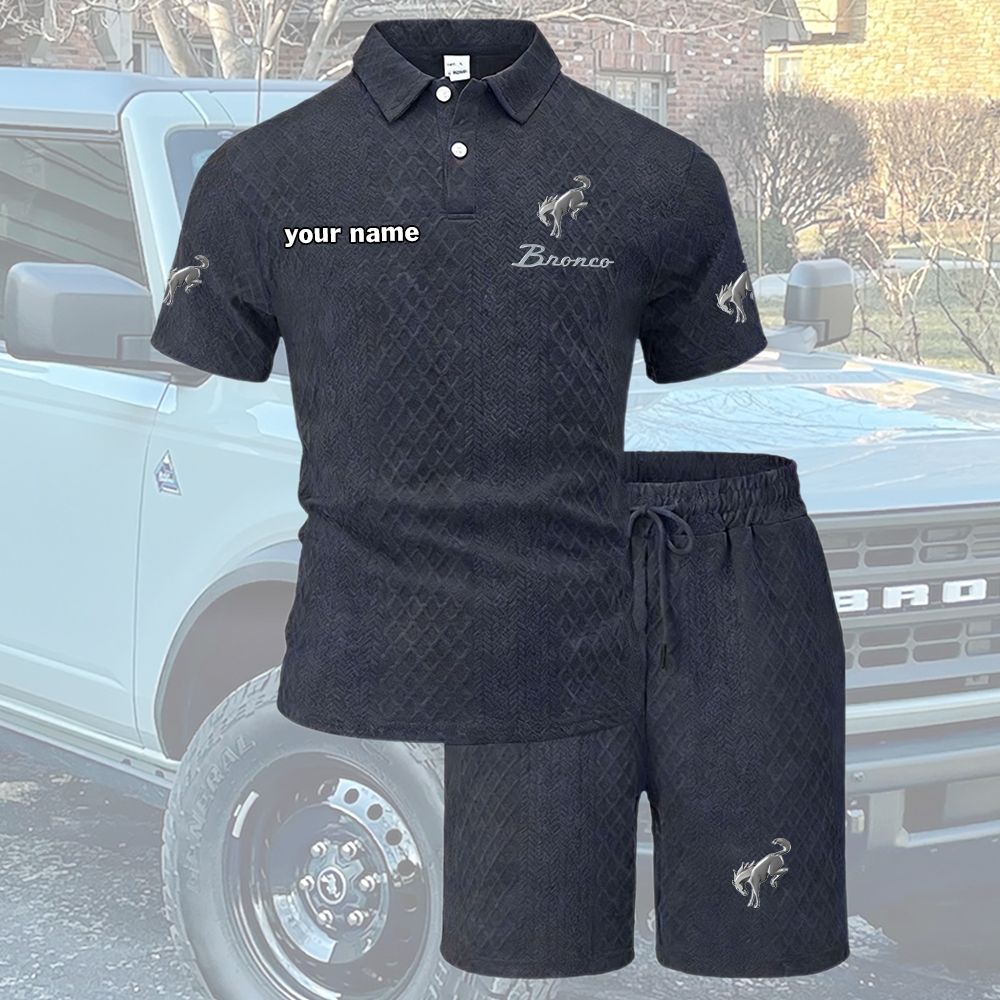 Bronco Tracksuit Men's Leisure 2-Piece Polo Shirt Short Sleeve Jacquard Custom Name - Image 3
