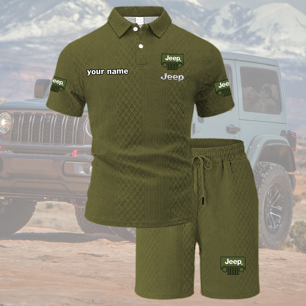 Jeep Tracksuit Men's Leisure 2-Piece Polo Shirt Short Sleeve Jacquard Custom Name - Image 3