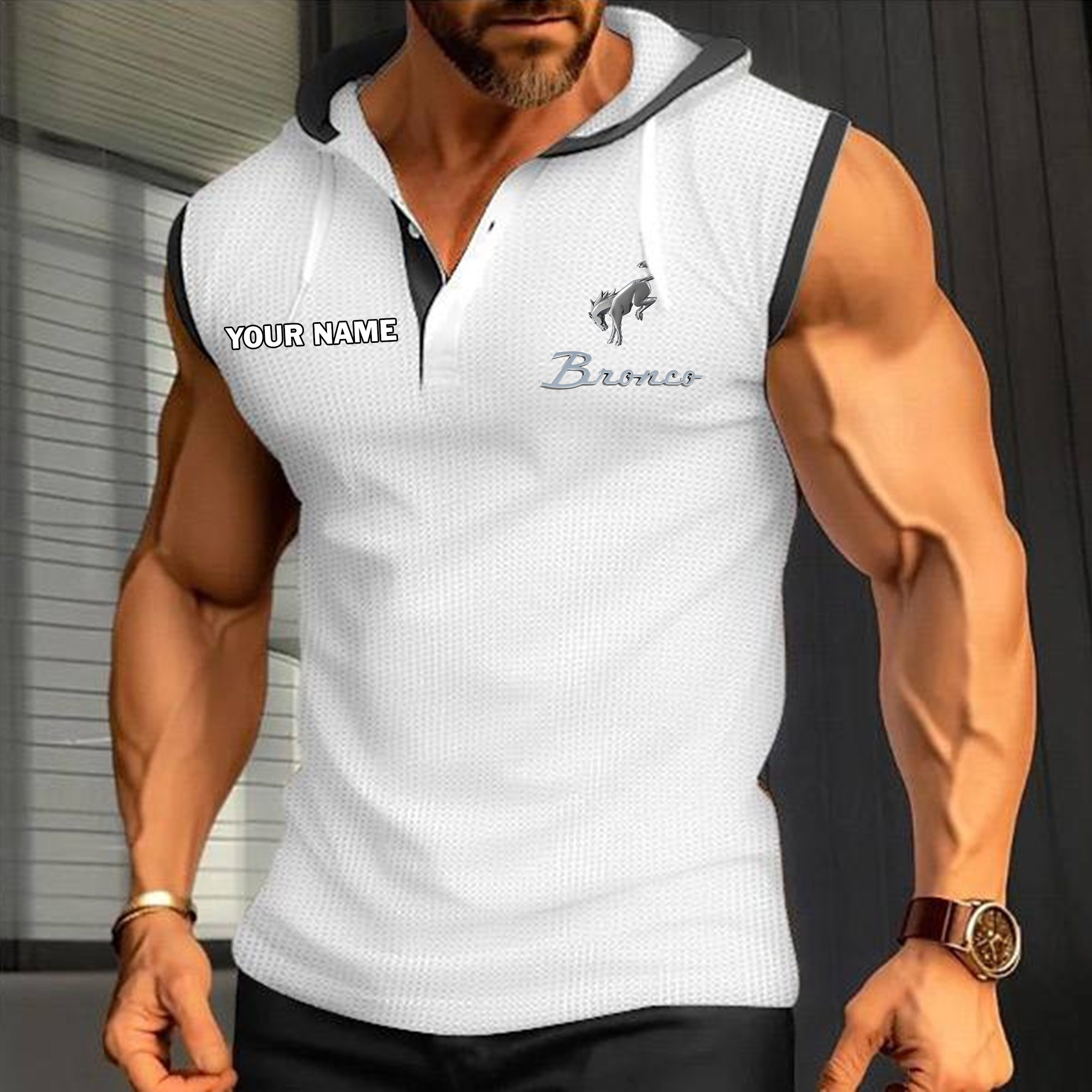 Bronco Sleeveless Hooded Muscle Fit Custom Name - Image 3