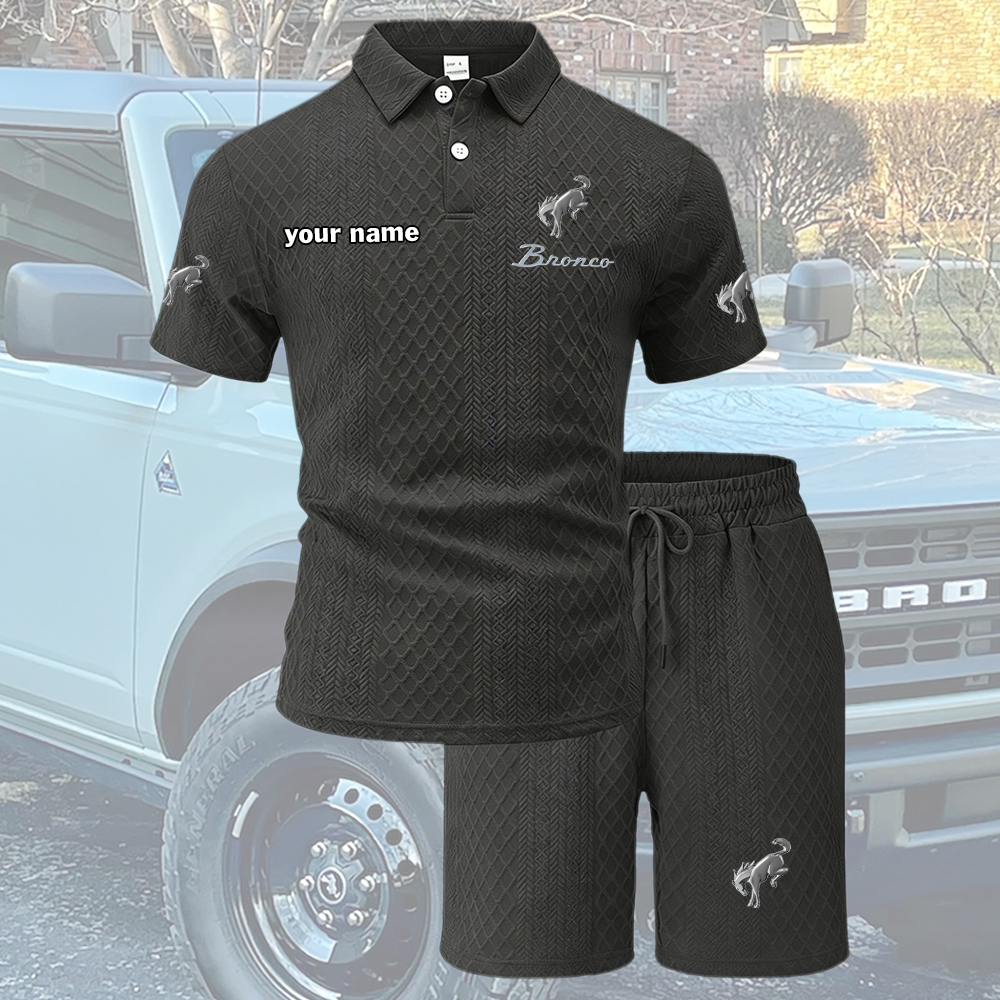 Bronco Tracksuit Men's Leisure 2-Piece Polo Shirt Short Sleeve Jacquard Custom Name - Image 4