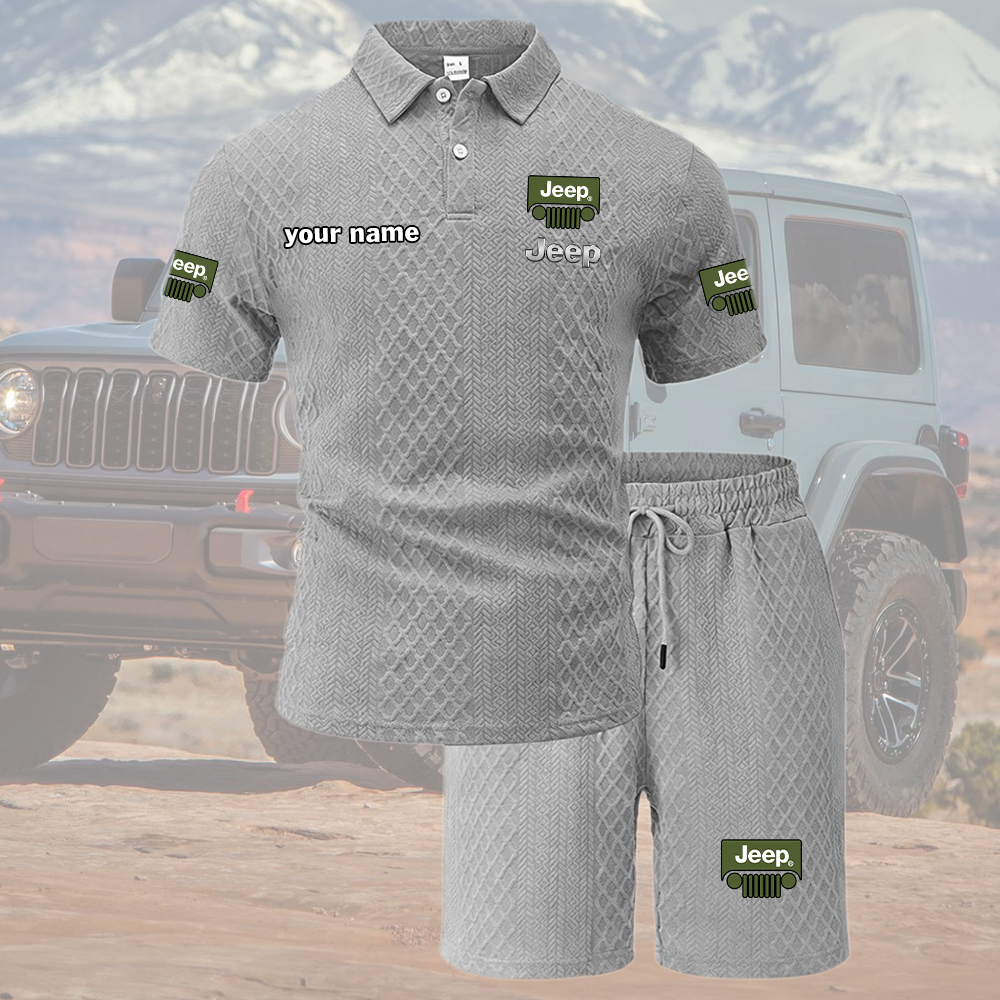 Jeep Tracksuit Men's Leisure 2-Piece Polo Shirt Short Sleeve Jacquard Custom Name