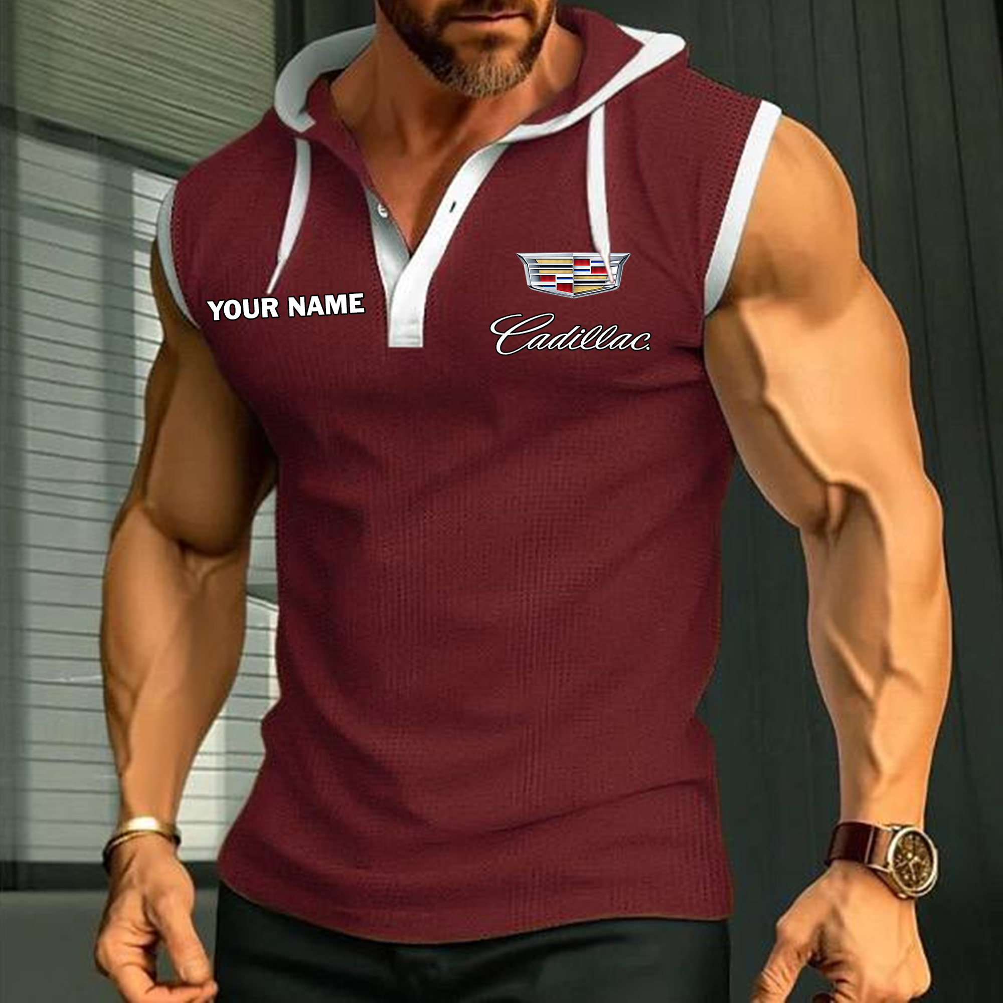 Cadillac Sleeveless Hooded Muscle Fit Custom Name