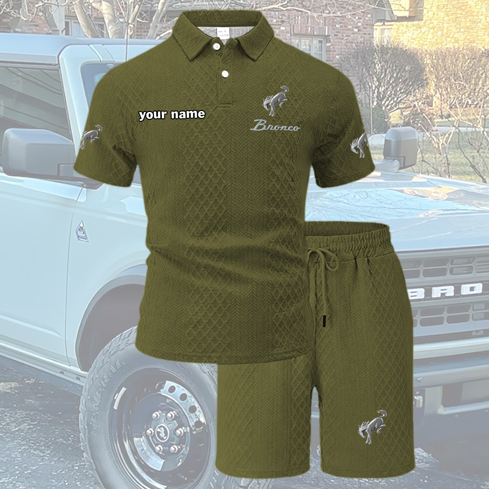 Bronco Tracksuit Men's Leisure 2-Piece Polo Shirt Short Sleeve Jacquard Custom Name - Image 6
