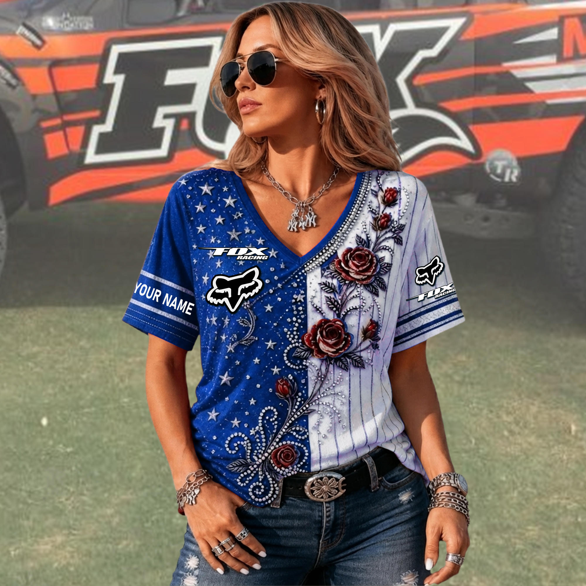 Fox Custom Name Woman V-Neck Shirt - Image 3