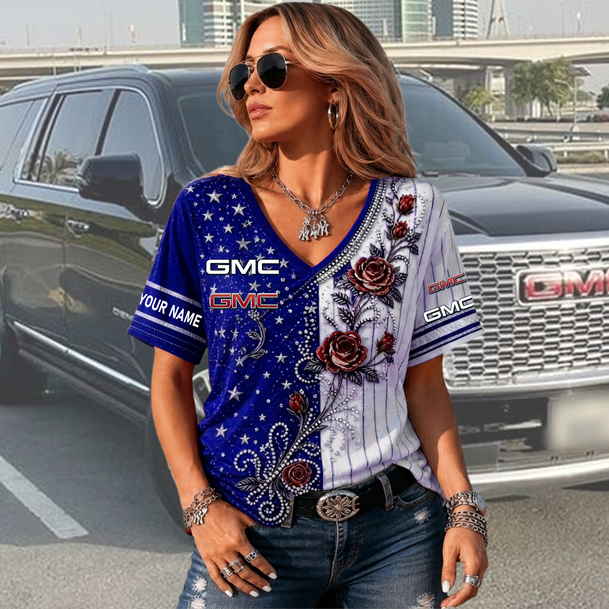 GMC Custom Name Woman V-Neck Shirt - Image 4