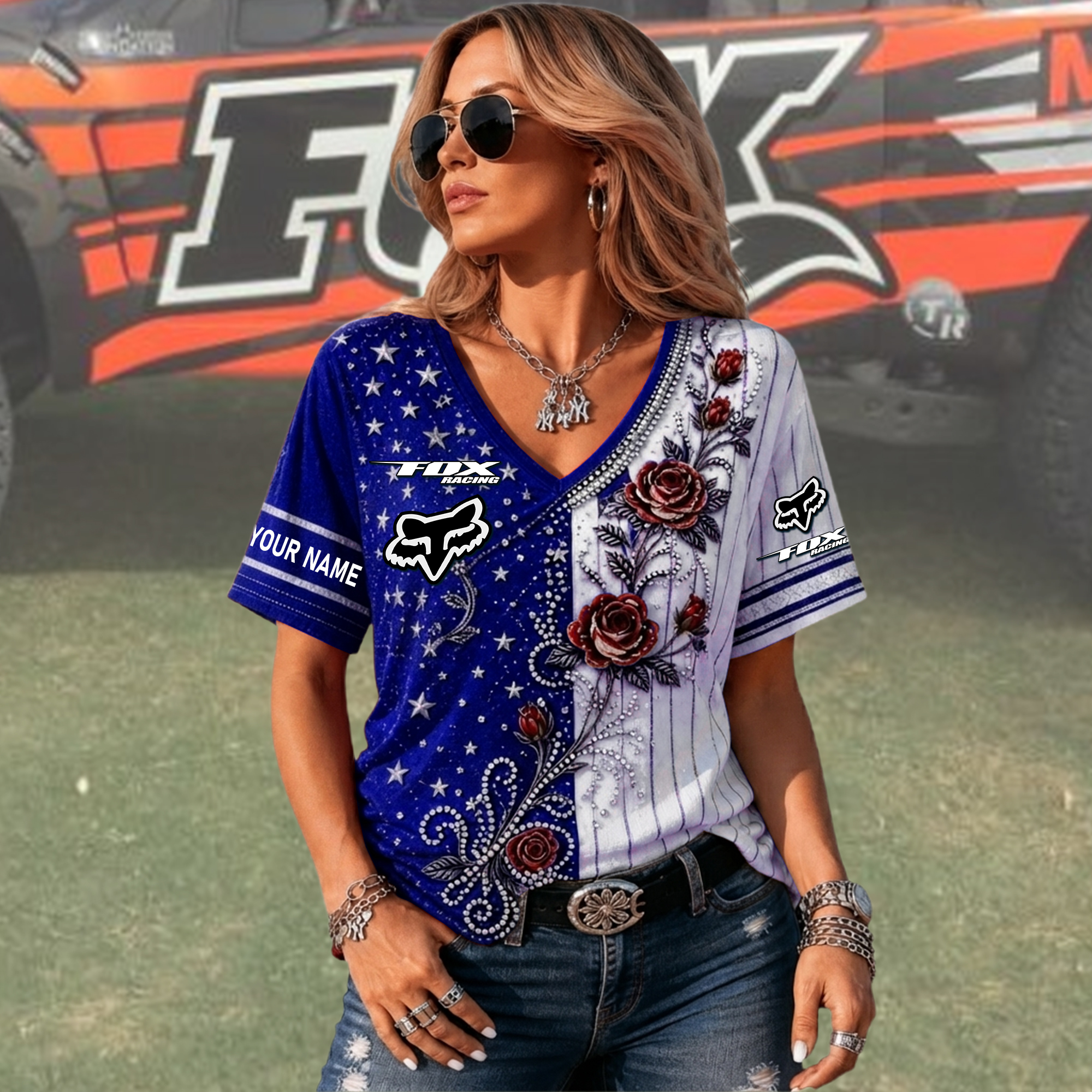 Fox Custom Name Woman V-Neck Shirt - Image 4