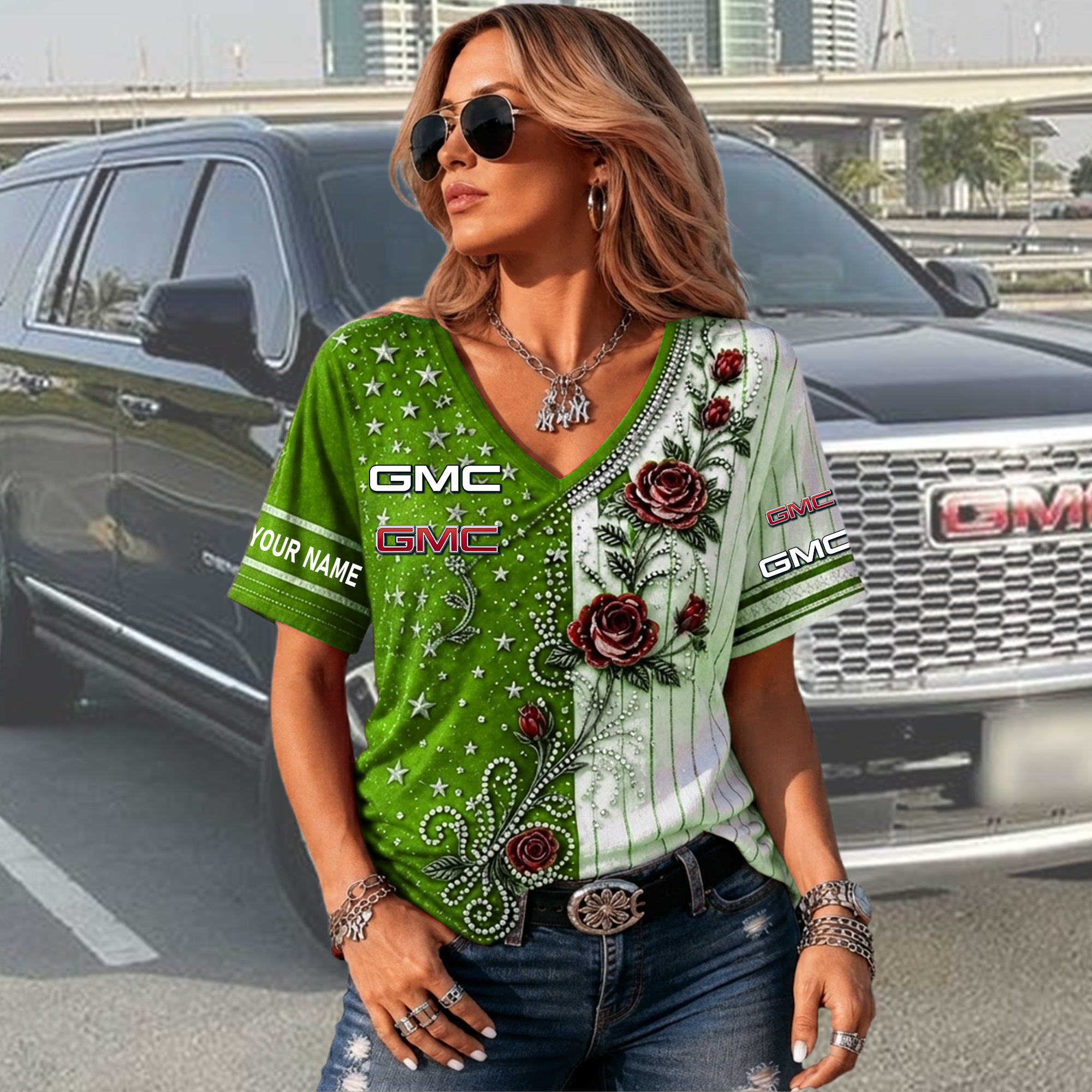 GMC Custom Name Woman V-Neck Shirt - Image 5