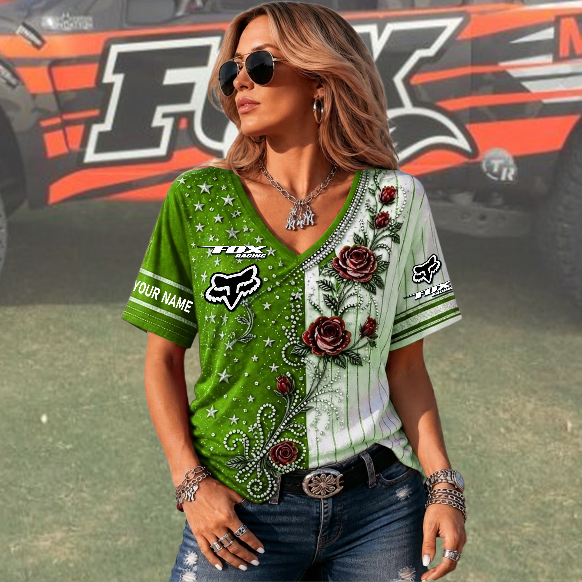 Fox Custom Name Woman V-Neck Shirt - Image 5