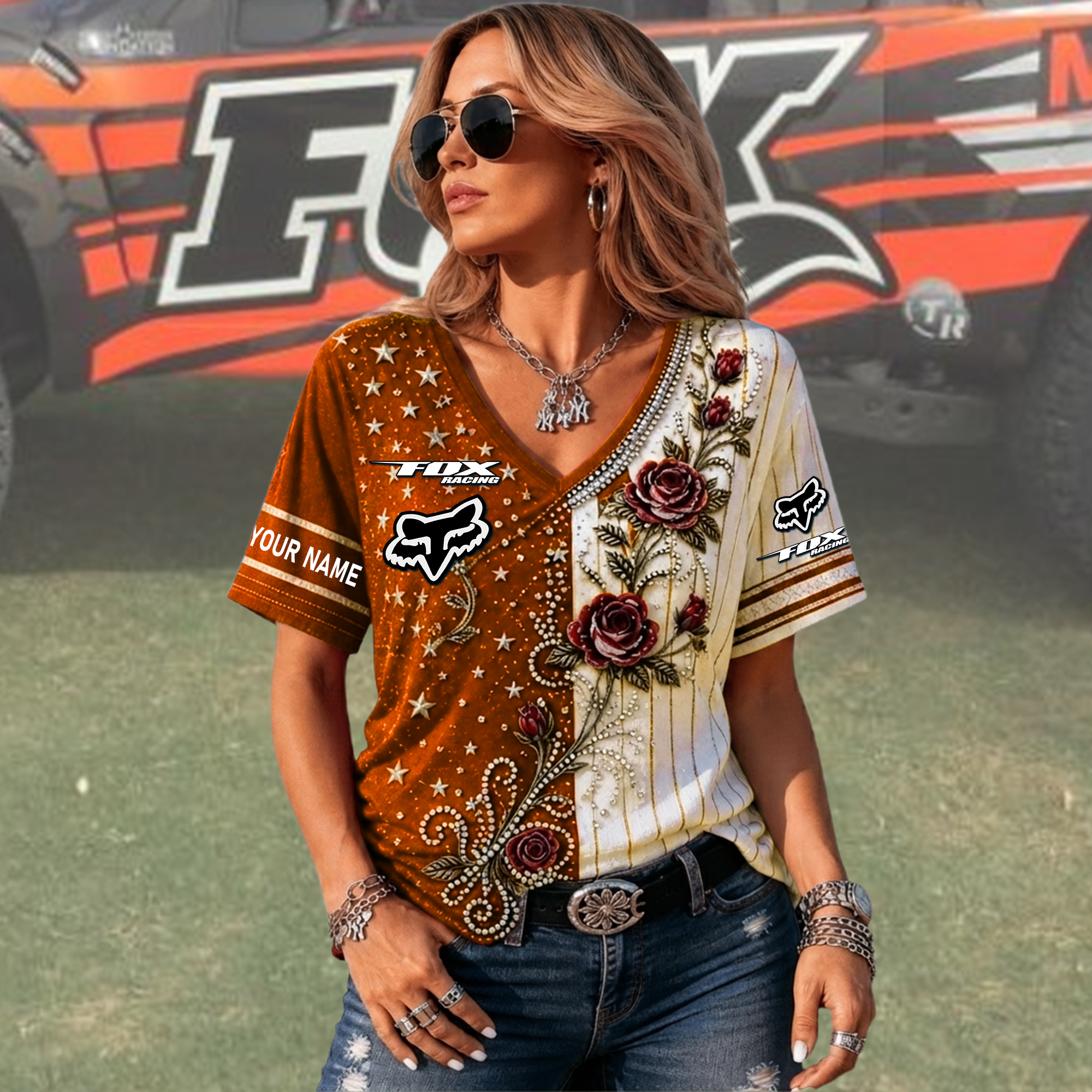 Fox Custom Name Woman V-Neck Shirt - Image 6