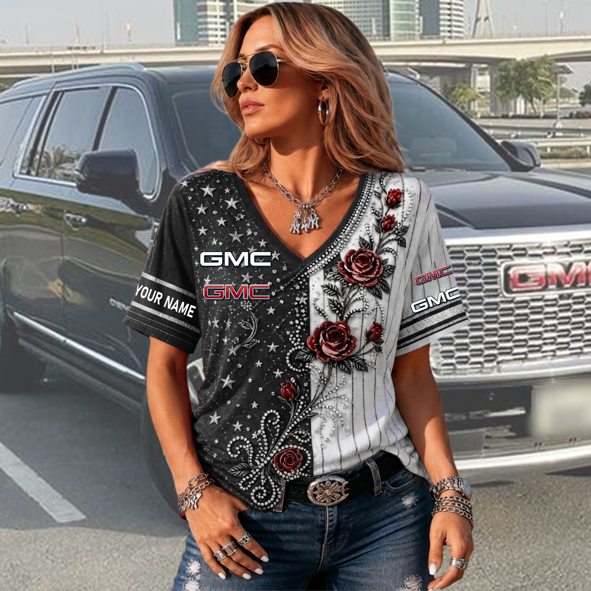 GMC Custom Name Woman V-Neck Shirt - Image 7