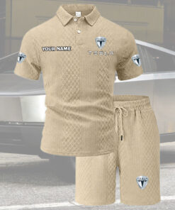 Tesla Tracksuit Men's Leisure 2-Piece Polo Shirt Short Sleeve Jacquard