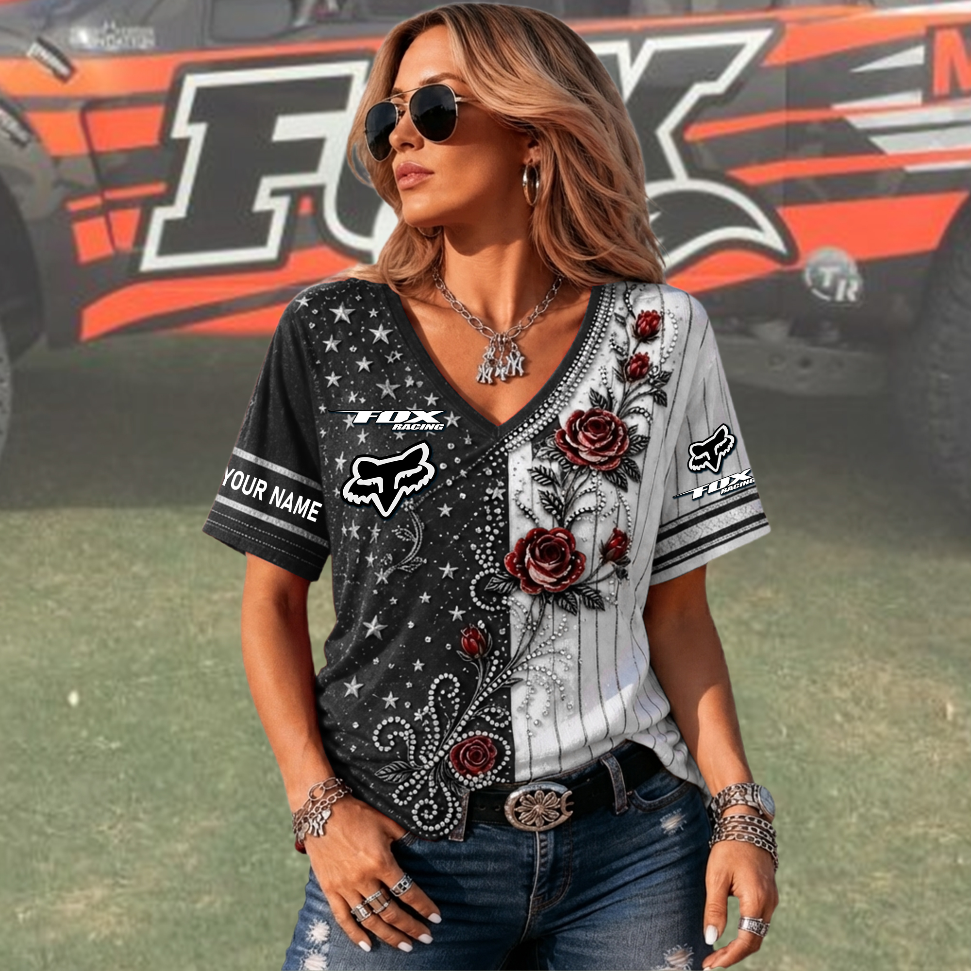 Fox Custom Name Woman V-Neck Shirt - Image 7